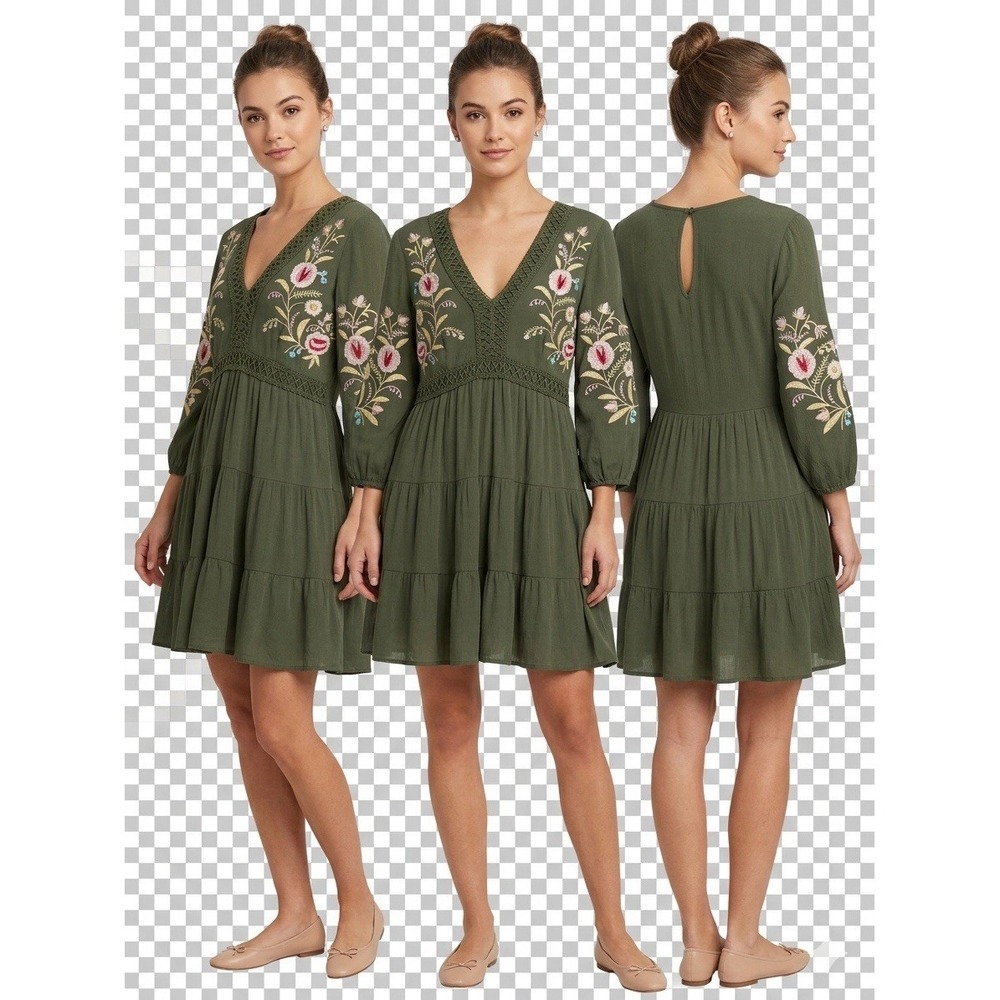 Audrey Parks Francesca's Green Floral Embroidered V-Neck Babydoll Dress XS